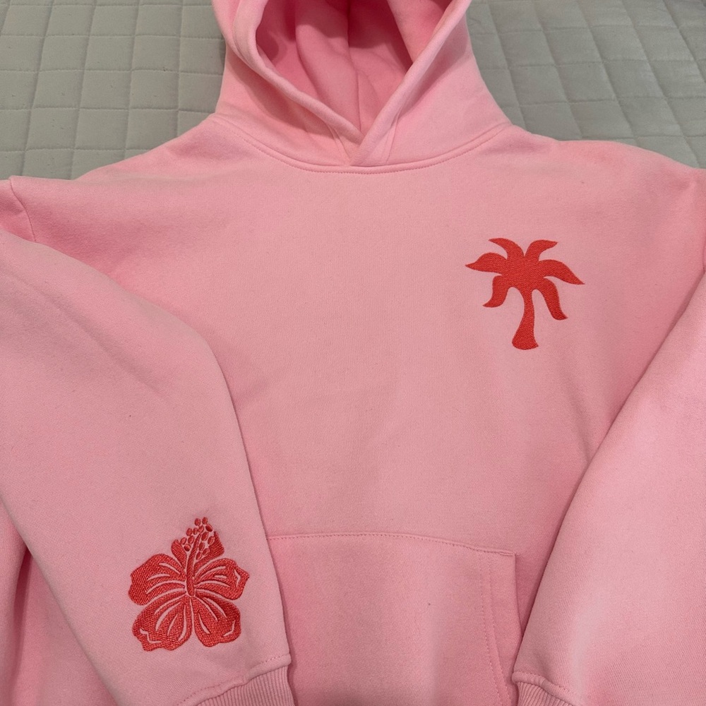 PINK PALM PUFF Light Pink Hoodie with Red Embroidery